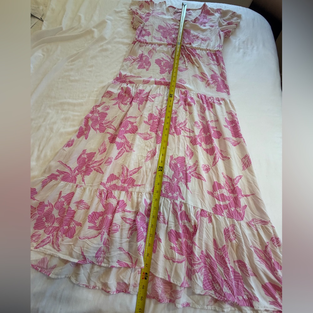 Floral Maxi Dress pink tropical tiered size L flutter sleeves - Picture 12 of 12